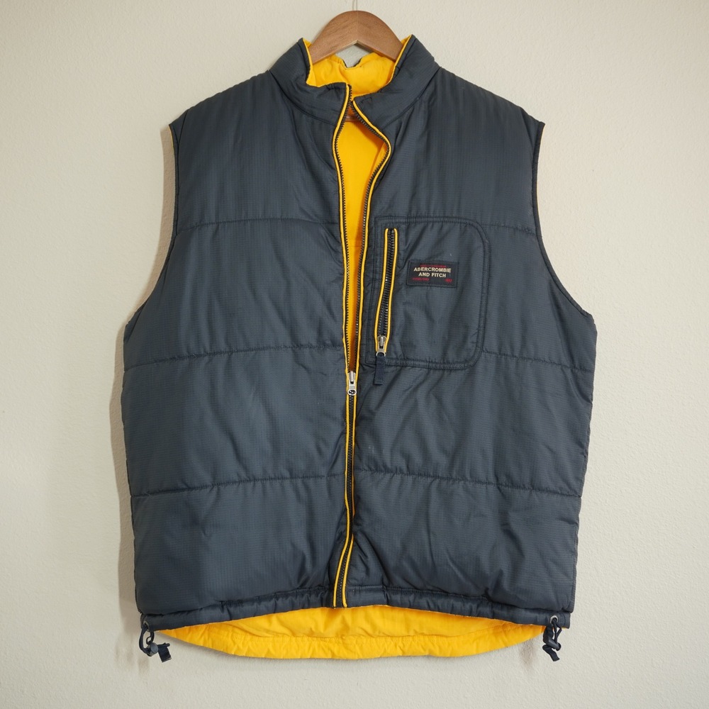 Vintage Y2K Abercrombie & Fitch Men's Puffer Vest Navy Blue Yellow Reversible